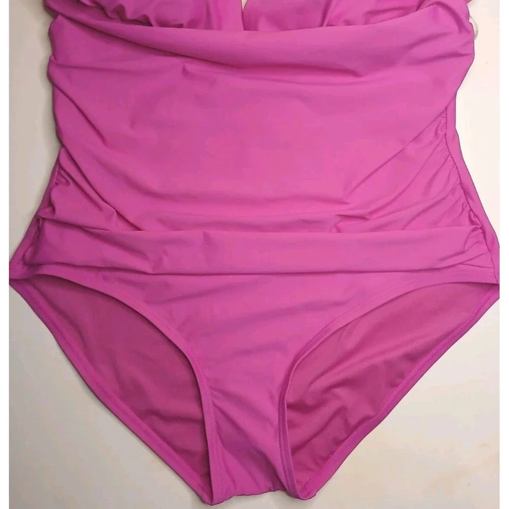 DKNY Swimsuit Sz L Halter Tie Top Ruched Sides Hot Pink Padded UV Protection NWT - Picture 2 of 12
